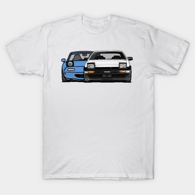 MX5 Miata vs AE86 T-Shirt by Woreth